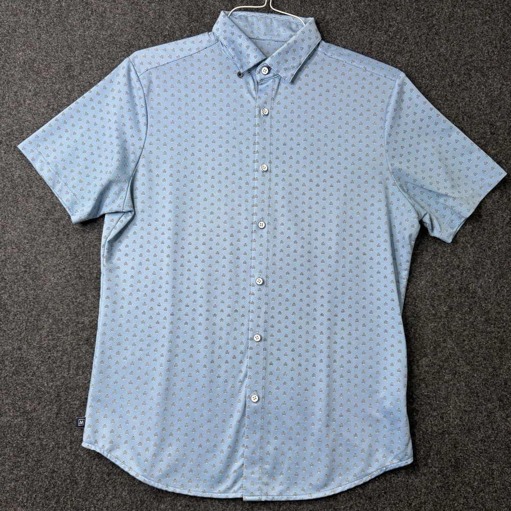 Mizzen+Main Performance Button Shirt Men's Small Blue Dot Print Trim Fit Polo